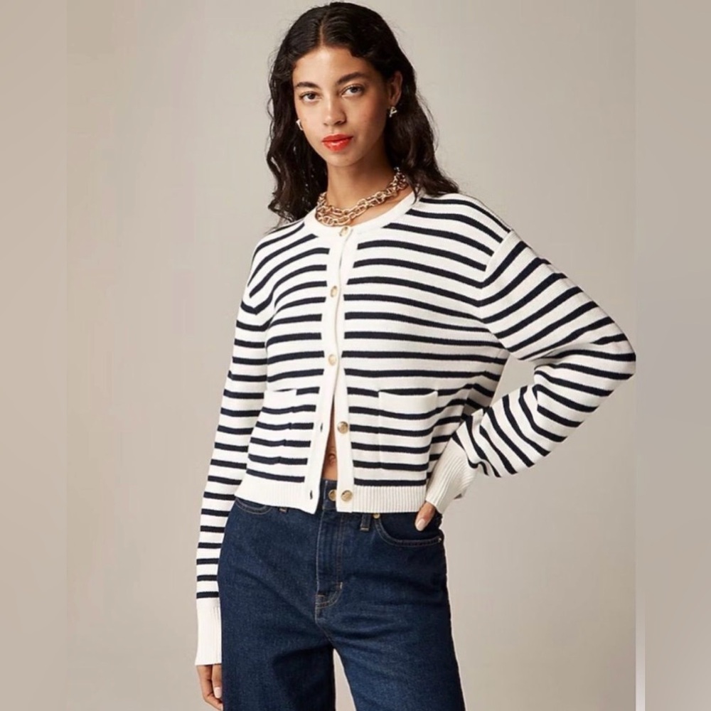 JCrew Relaxed Emilie Sweater Lady Jacket in Stripe Nautical Natural Navy M